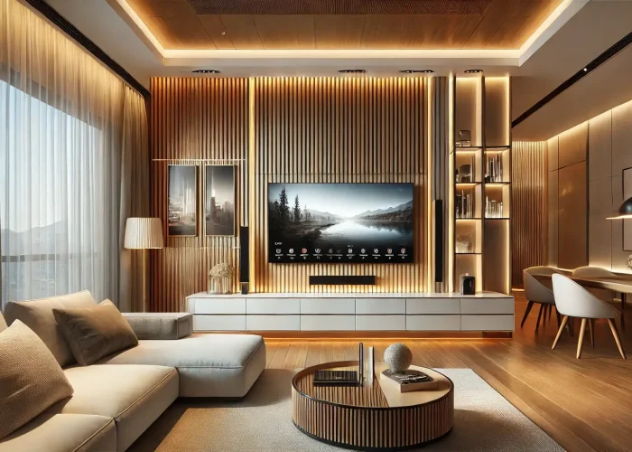 DALL·E 2026-01-07 02.07.33 - A luxurious and modern living room with a feature TV wall design. The TV wall includes vertical wooden wall panels combined with glossy picture sheet