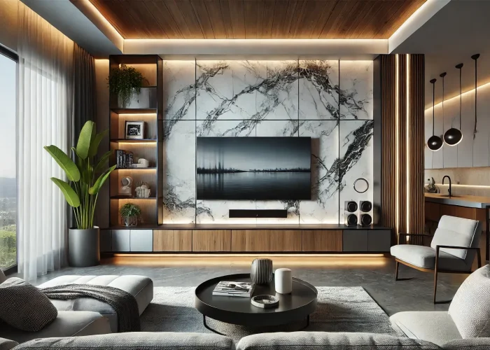 DALL·E 2026-01-07 02.08.41 - A stylish and modern living room featuring a TV wall in a different design. The wall includes a full marble-look picture sheet backdrop with subtle gr